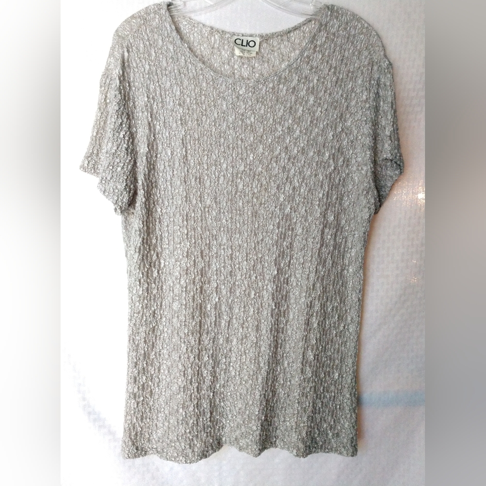 Clio Gray Stretchy Knit Top Floral Lacy Look Casual Chic Size Large Chest 38"
